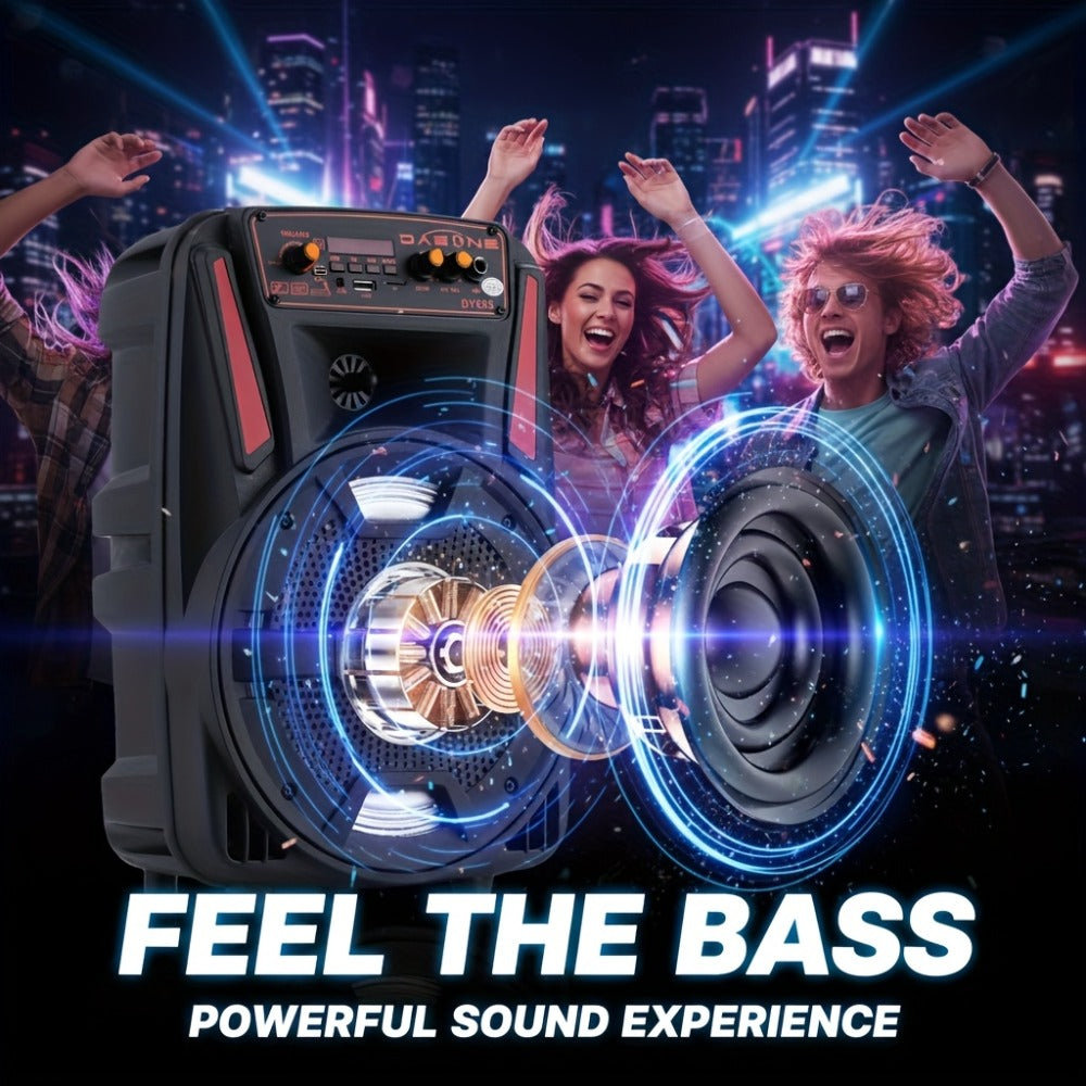 8-Inch Bluetooth Party Speaker with LED Lights & Wired Microphone, TWS Stereo Bass Boost, FM Radio