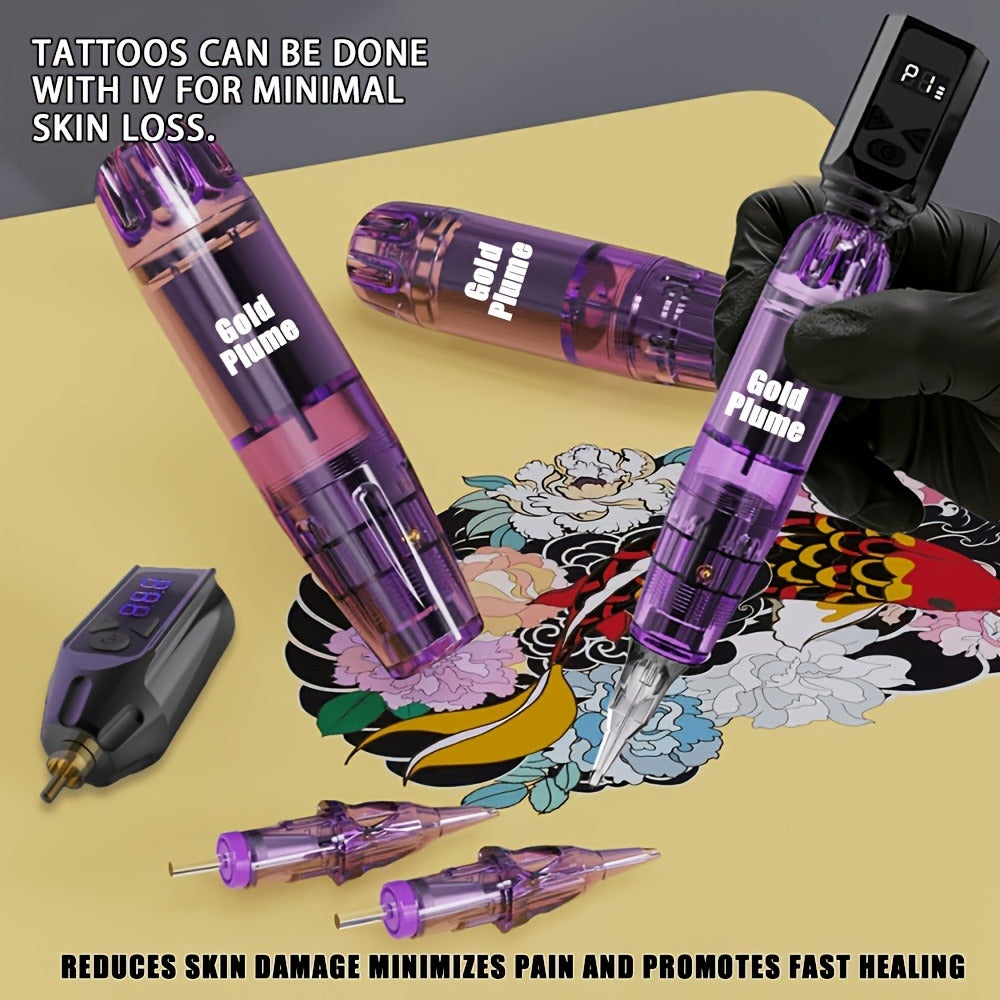 Wireless Tattoo Gun Kit Complete Set 1500mAh Battery 10 Needles 7 Inks for Temporary Body Art, Festivals and Costumes