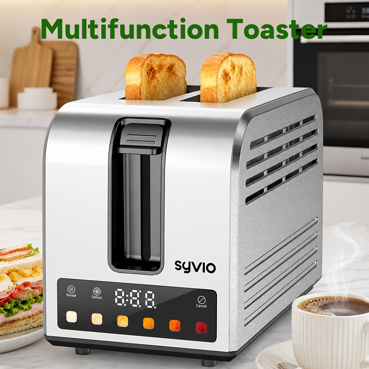Toaster 2-Slice Stainless Steel Smart Touchscreen, 5 Bread Types, 6 Browning Levels, Wide Slots, Temperature Control