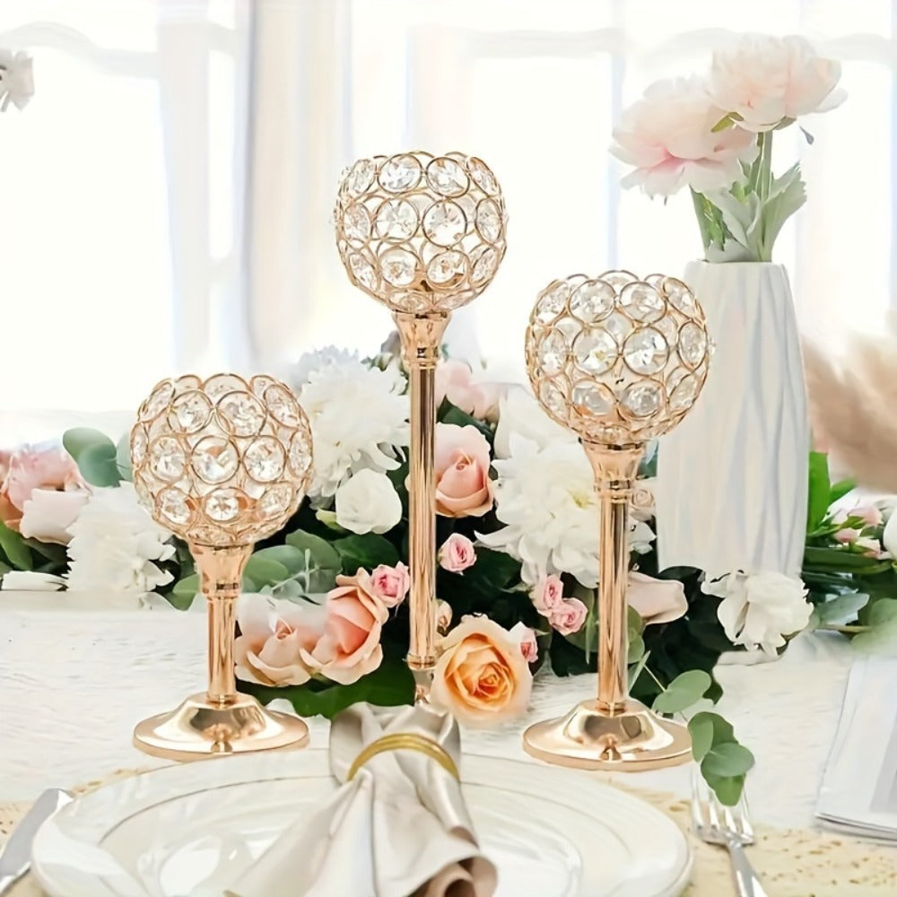 Crystal Candle Holders Set of 3 - Windproof Glass Taper Candle Holder for Wedding Table Centerpiece