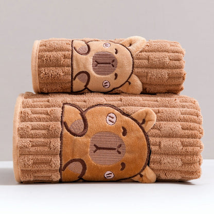 Towel Set 2 Piece Capybara Coral Fleece Face Towel and Bath Sheet in Four Printed Styles for Home and Guest Use