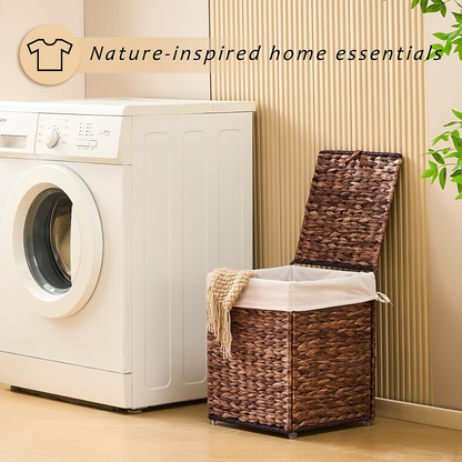 Laundry Basket with Lid & Handles – Handwoven Water Hyacinth Wicker Hamper, Removable Cotton Liner