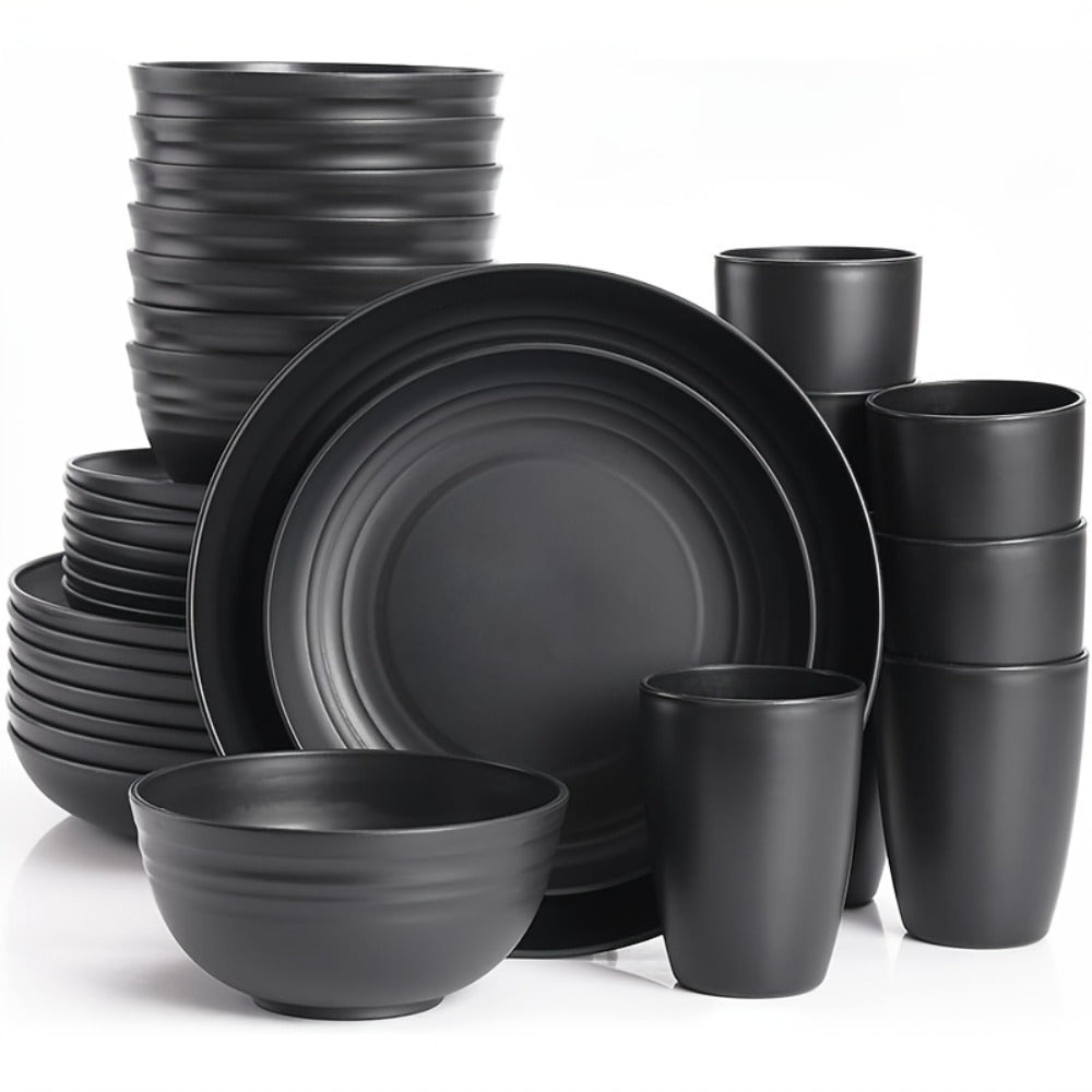 Wheat Straw Dinnerware Set 16 or 32 Piece – Plates & Bowls for 4 or 8 People, Microwave & Dishwasher Safe Plastic Dish Set