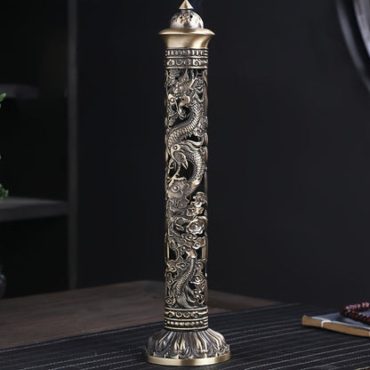 Incense Stick Holder Metal Retro Vertical Design, Dragon & Phoenix Heart Sutra Motif Brass Incense Burner Stand