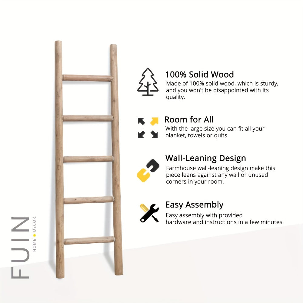 Blanket Ladder 57 Inch Wood Freestanding Farmhouse Quilt & Towel Display Rack - Rustic Wooden Wall Leaning Holder for Living Room