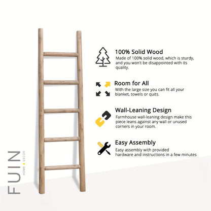 Blanket Ladder 57 Inch Wood Freestanding Farmhouse Quilt & Towel Display Rack - Rustic Wooden Wall Leaning Holder for Living Room