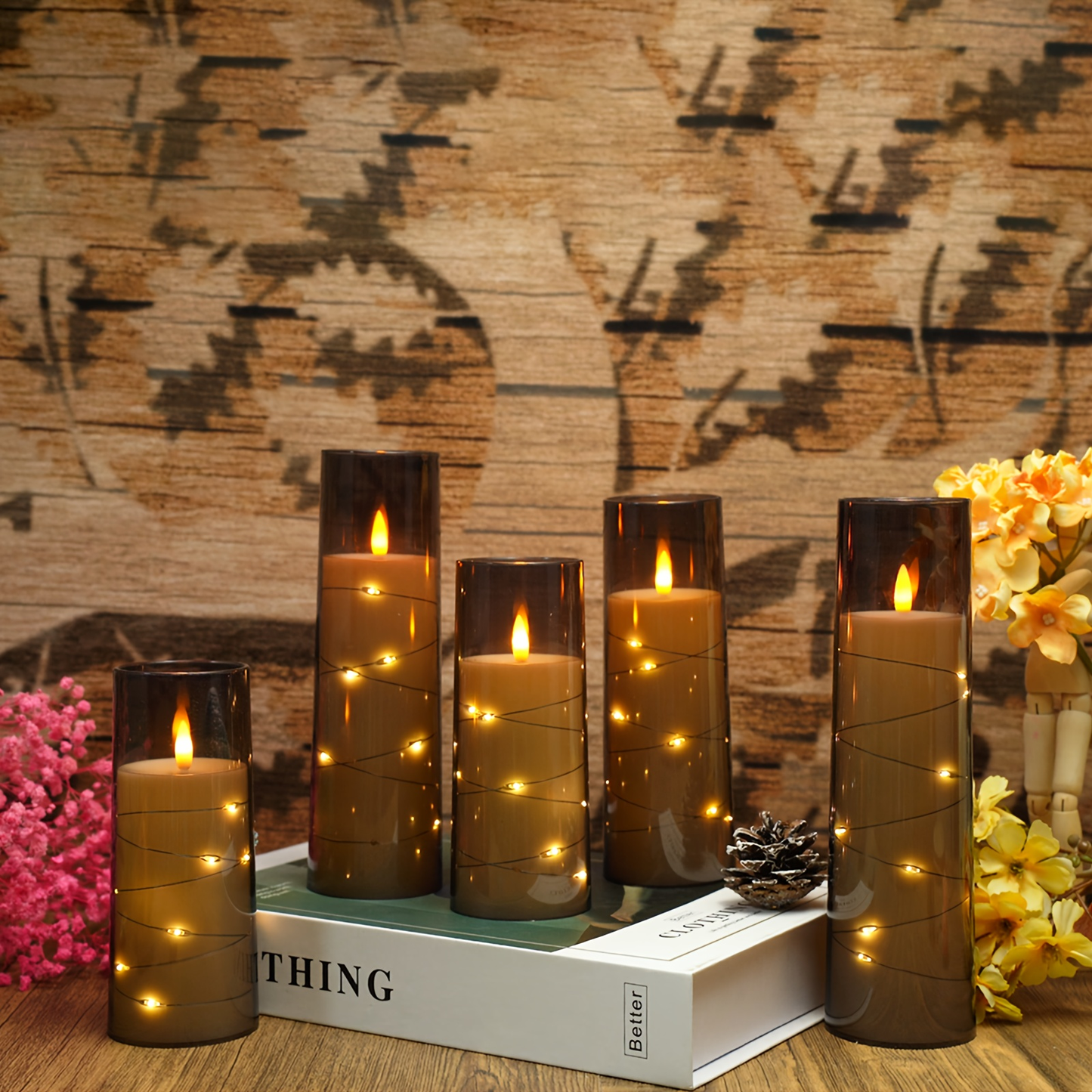 Flameless LED Candles with Remote Control Timer and Star String Lights Set of 5 or 7 Pillar Candles for Wedding Garden Home Decor