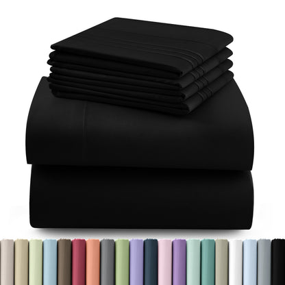 Fitted Sheet Set 6-Piece Brushed Polyester Deep Pocket Bed Sheets 20 Colors Hotel Luxury Bedding with Embroidered Pillowcases