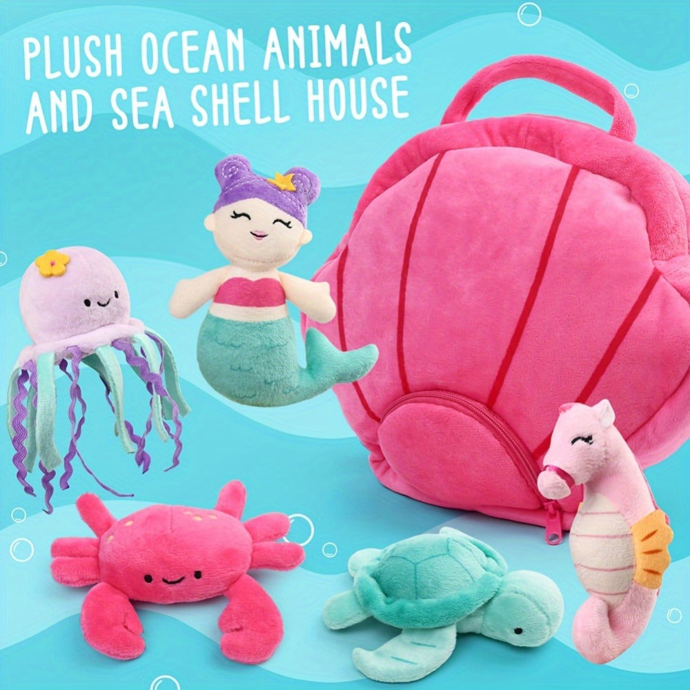 Plush Toy Five-Piece Ocean Creature Set with Mermaid, Sea Animals and Pink Shell Carry Bag