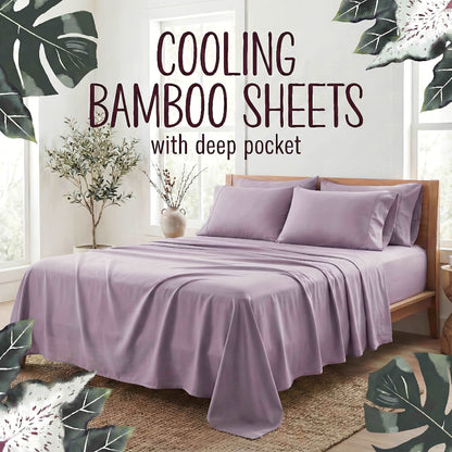 Bed Sheet Set 4-Piece Bamboo Fiber with Deep-Pocket Fitted Sheet, Four Sizes and Twelve Color Options
