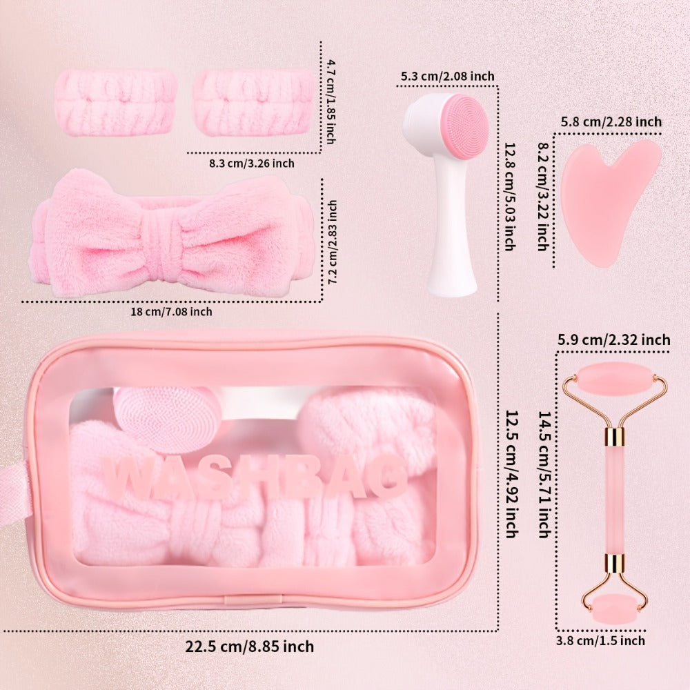 Facial Cleansing Massage Set 7Pcs Silicone Face Brush Double-Headed Roller Massager Heart Scraping Board Wristbands Hair Band Pink Storage