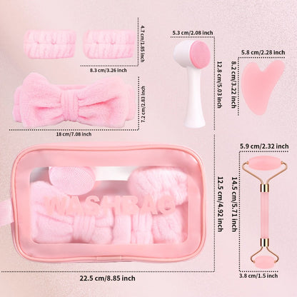 Facial Cleansing Massage Set 7Pcs Silicone Face Brush Double-Headed Roller Massager Heart Scraping Board Wristbands Hair Band Pink Storage