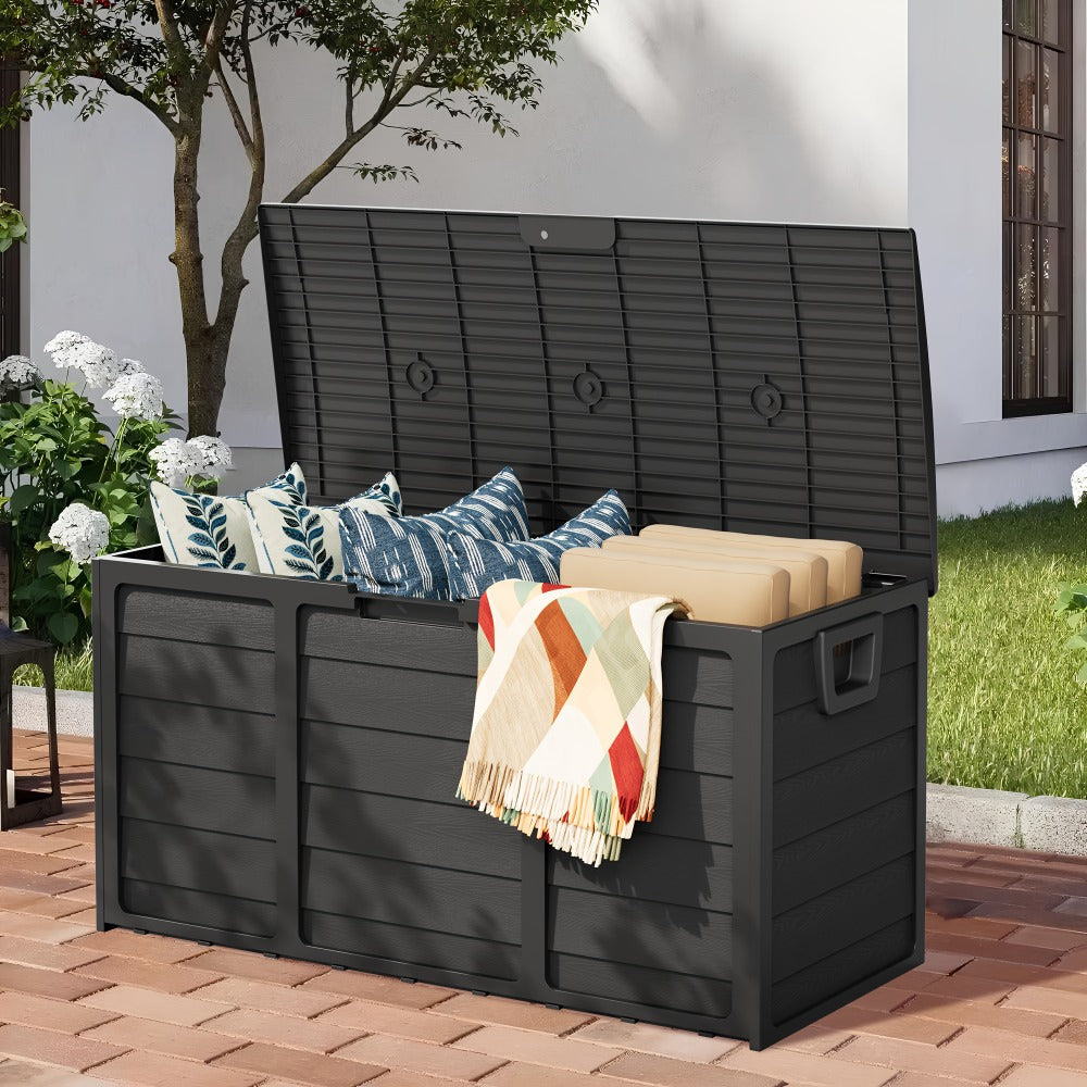 75-Gallon Outdoor Storage Box with Hinged Lid, Side Handles and Black or Gray Checkout Options