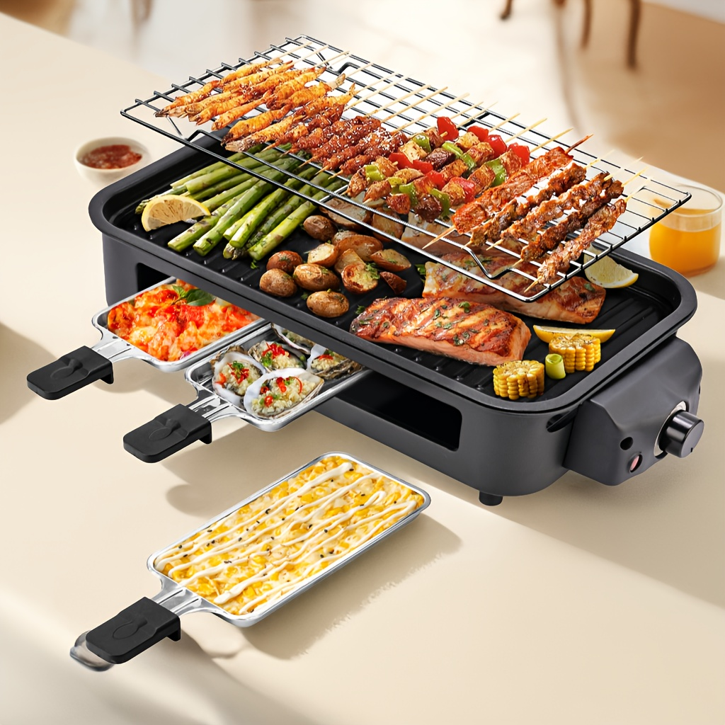 Indoor Electric Smokeless Grill 1700W with Raclette Pans, Non-Stick Plate, Portable Tabletop BBQ Griddle for Couples
