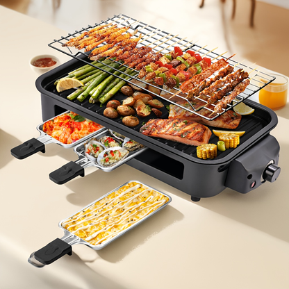 Indoor Electric Smokeless Grill 1700W with Raclette Pans, Non-Stick Plate, Portable Tabletop BBQ Griddle for Couples
