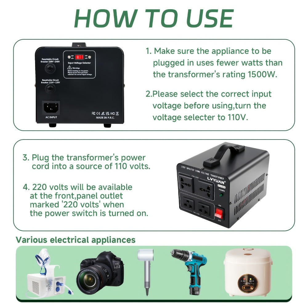Voltage Converter Transformer 1500W Step Up Step Down - Converts 110V-120V to 220V-240V & Vice Versa