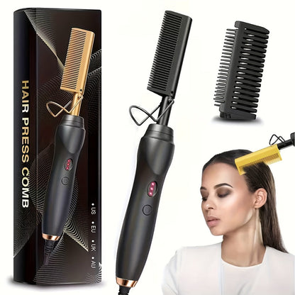 Electric Hot Comb Hair Styling Tool with Ceramic Heater, Holder, Two Clips and Five Color Options