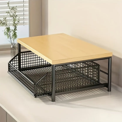 2-Tier Kitchen Countertop Organizer with Drawer & Wire Basket, Hardwood & Metal Storage Shelf for Coffee Maker