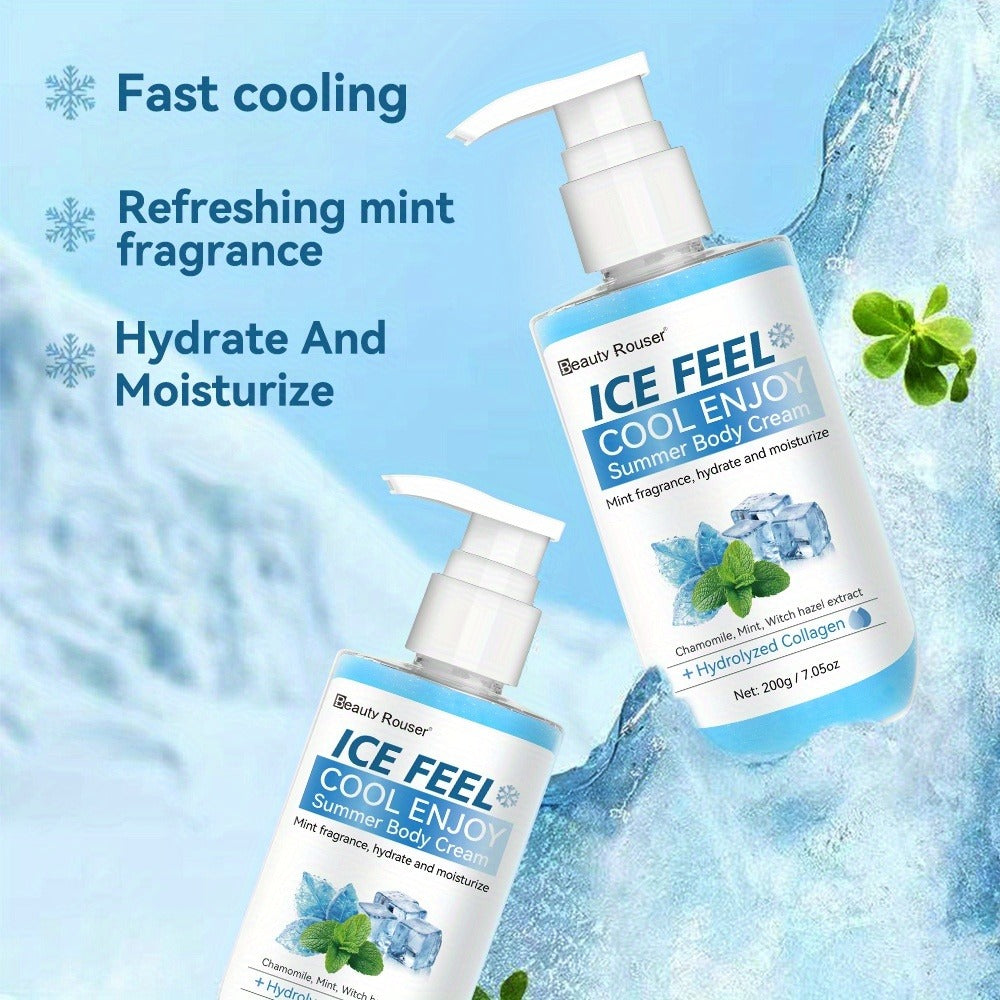 Body Cream Beauty Rouser ICE FEEL 200g Pump with Mint Chamomile Witch Hazel and Collagen Package Callouts