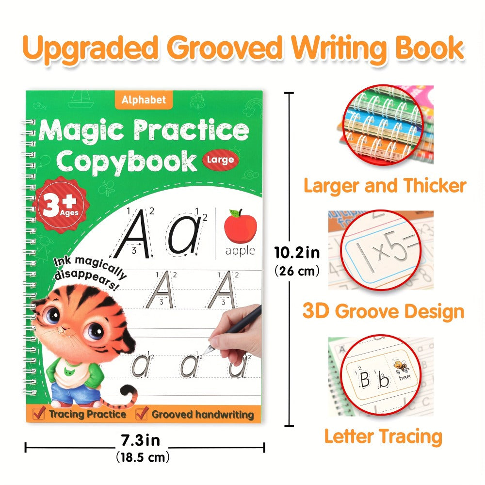Magic Grooved Handwriting Practice Book for Kids Ages 3-8 – Reusable 5-in-1 Tracing Workbook for Letters Numbers Drawing Math