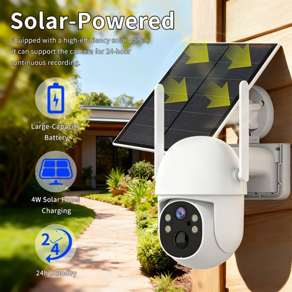 White Solar WiFi Security Camera Set with Two- or Four-Camera Options, Pan-Tilt View and Full-Color Night Vision