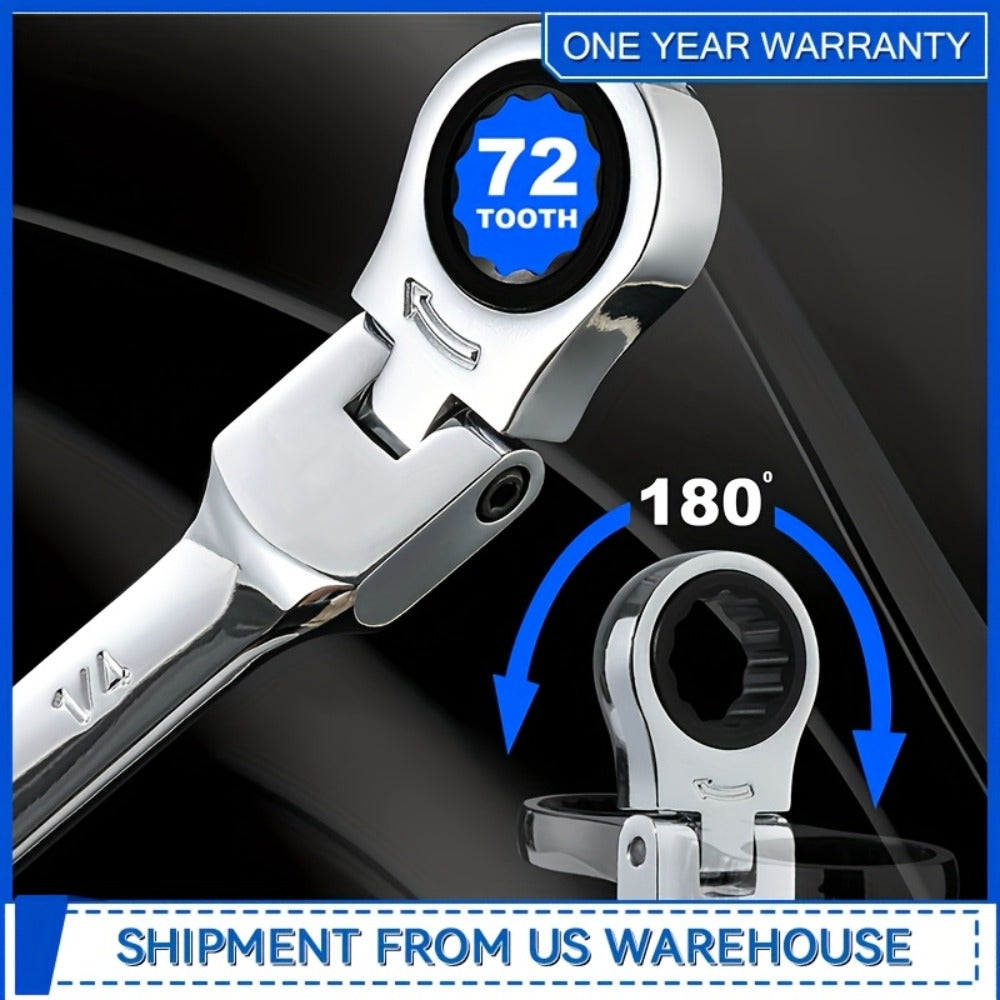 Flex Head Ratcheting Wrench Set SAE 14-Piece – 1/4" to 7/8" Chrome Vanadium Steel 72-Tooth 180° Flex Head with Organizer Rack for Auto