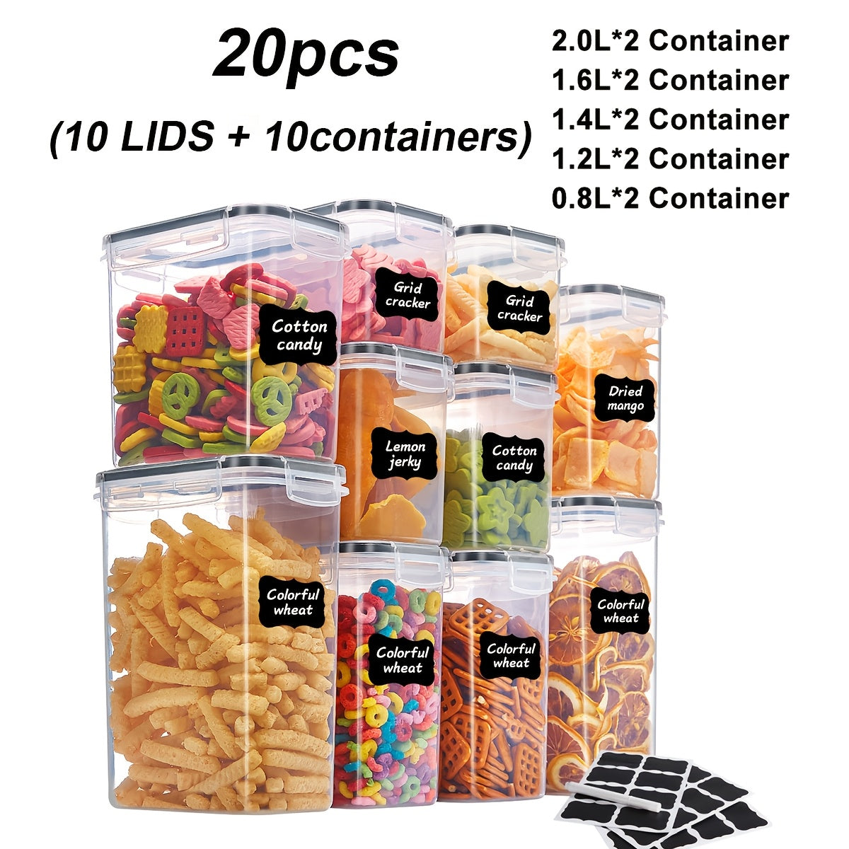 Pantry Jar Food Storage Organizer with Black Flip-Top Lids, Labels and Six Available Set Sizes