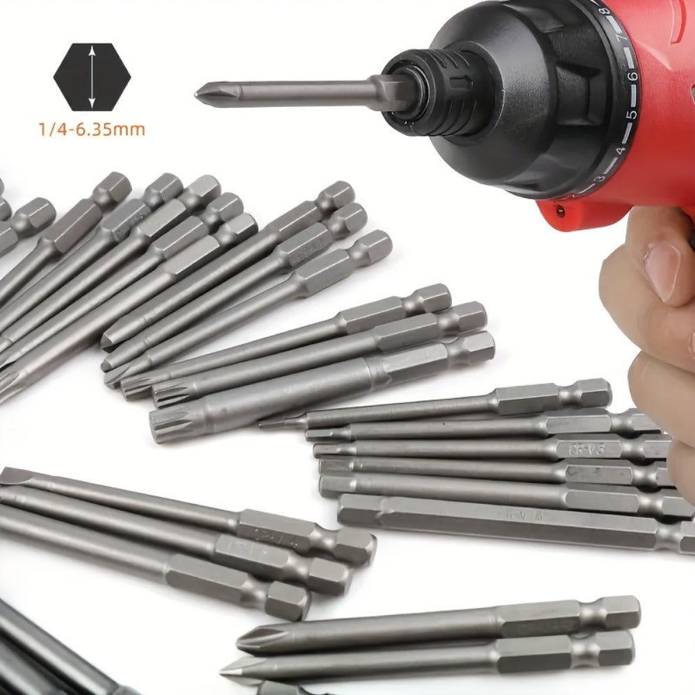 Magnetic Screwdriver Bits Set 50pcs – 75mm Extended Security Bits, 1/4" Hex Shank, Torx Star Hex Spline, for Power Drills & Hand