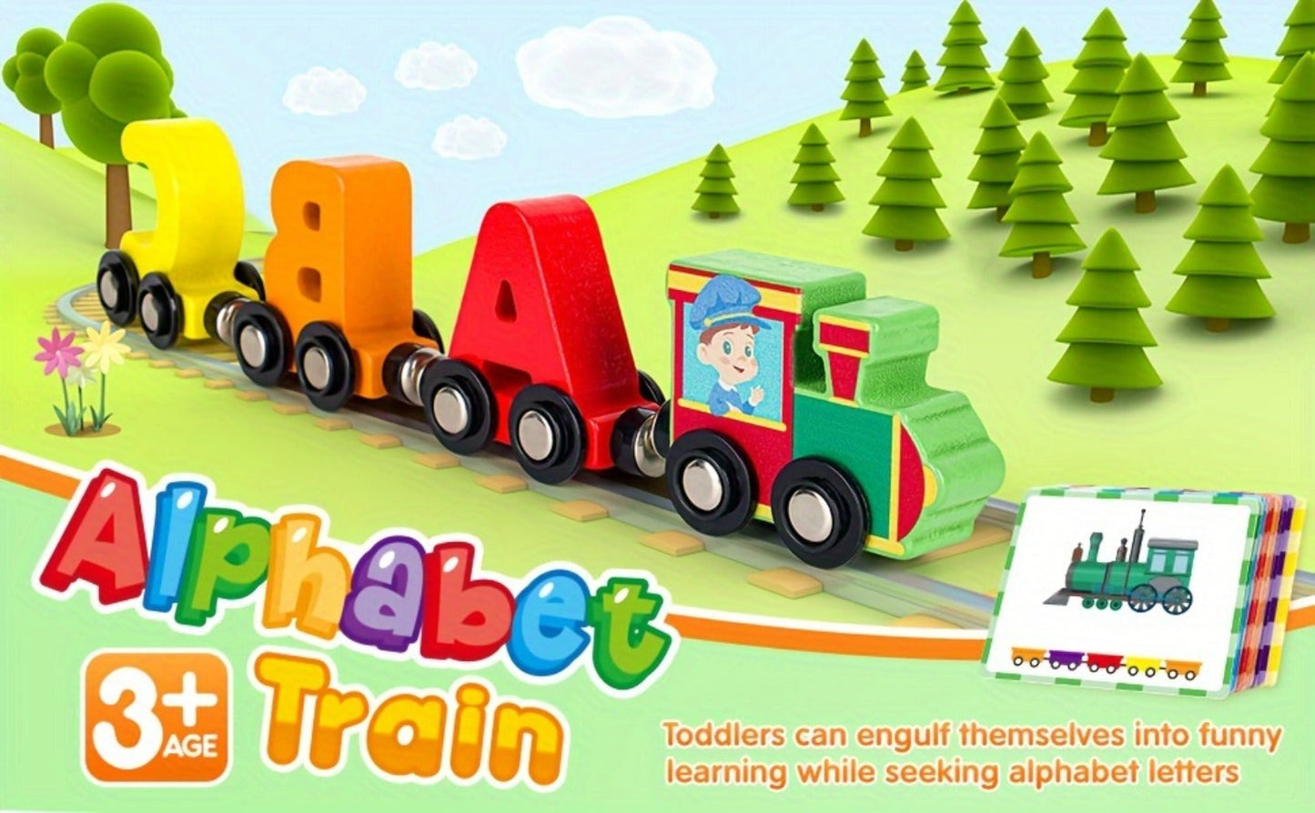 Magnetic Wooden Alphabet Train Set 27PCS ABC Letter Learning Toy with 42 Double-Sided Flash Cards