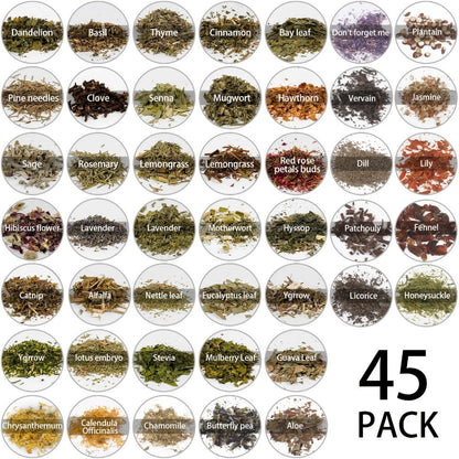 Dried Herbs Kit 45 Bottles with Crystal Spoon, Altar Supplies Herb Set for Wicca, Pagan Magic, Incense Spells & Bath Rituals