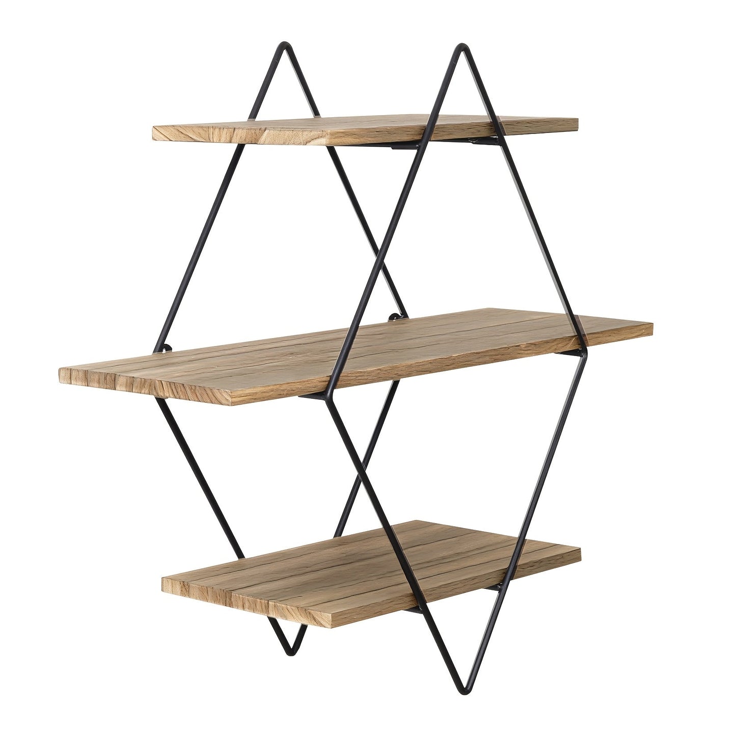 Three-Tier Diamond Wall Shelf with Dark Brown Boards, Black Wire Frame and 50 cm Pictured Height