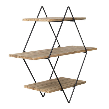 Three-Tier Diamond Wall Shelf with Dark Brown Boards, Black Wire Frame and 50 cm Pictured Height
