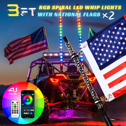 RGB LED Whip Lights for UTV ATV – 1ft/2ft/3ft/4ft Spiral Color Changing Neon Light Whips with Remote & App Control, Music Sync