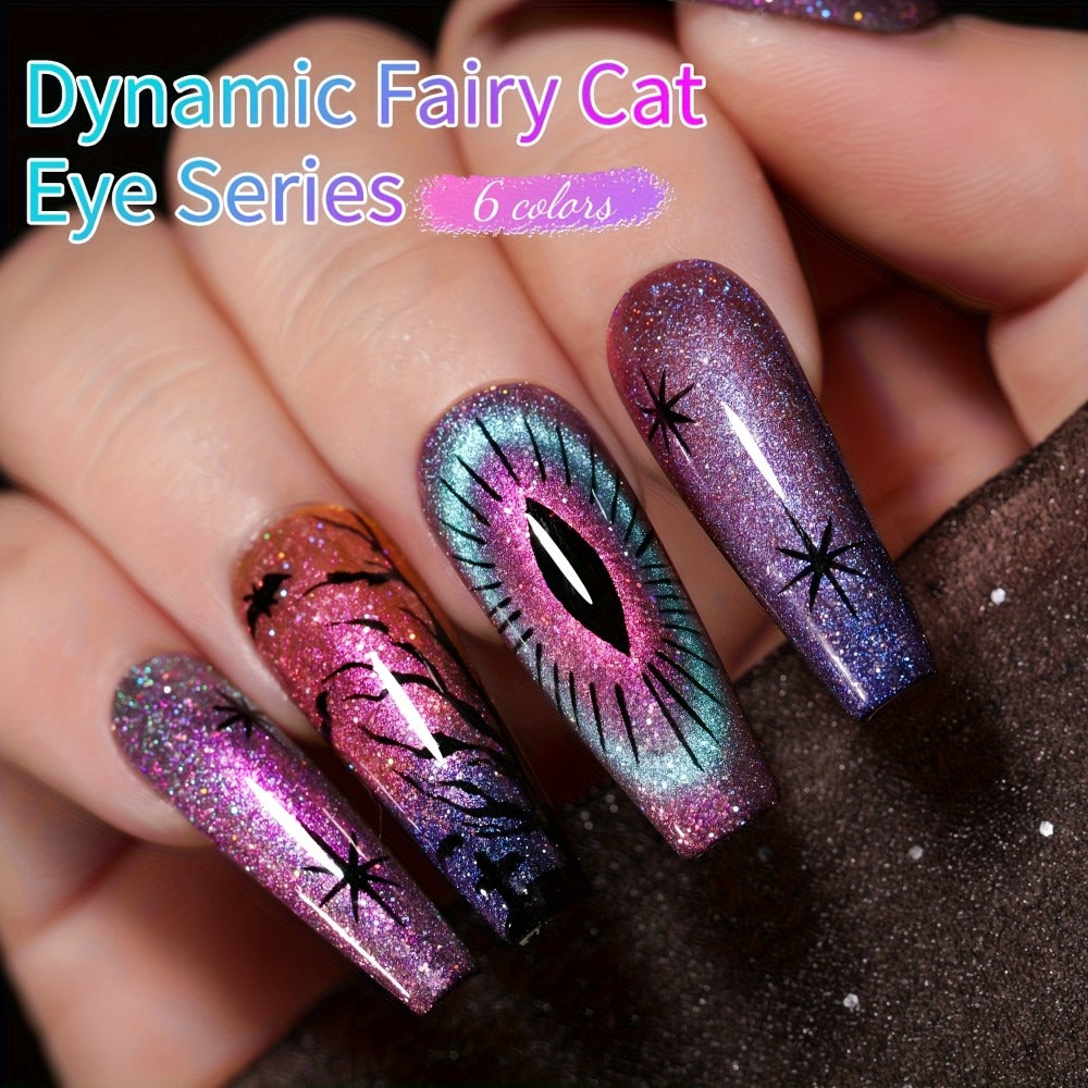 Cat Eye Gel Polish Set 6 Colors Holographic Magnetic – Dynamic Elf Reflective Soak Off UV LED Nail Gel 0.51oz Each | Multidimensional