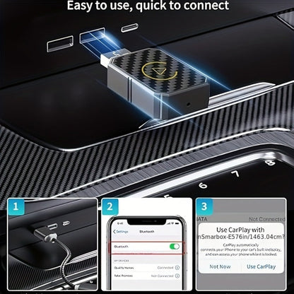 Mini Wired-to-Wireless CarPlay Adapter with USB-A Plug and USB-C Adapter in USB Set Pictured