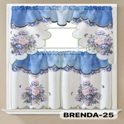 Kitchen Curtains 3 Piece Set Embroidered Satin Valance and Tiers – Rod Pocket Light Filtering Machine Washable 46 Colors