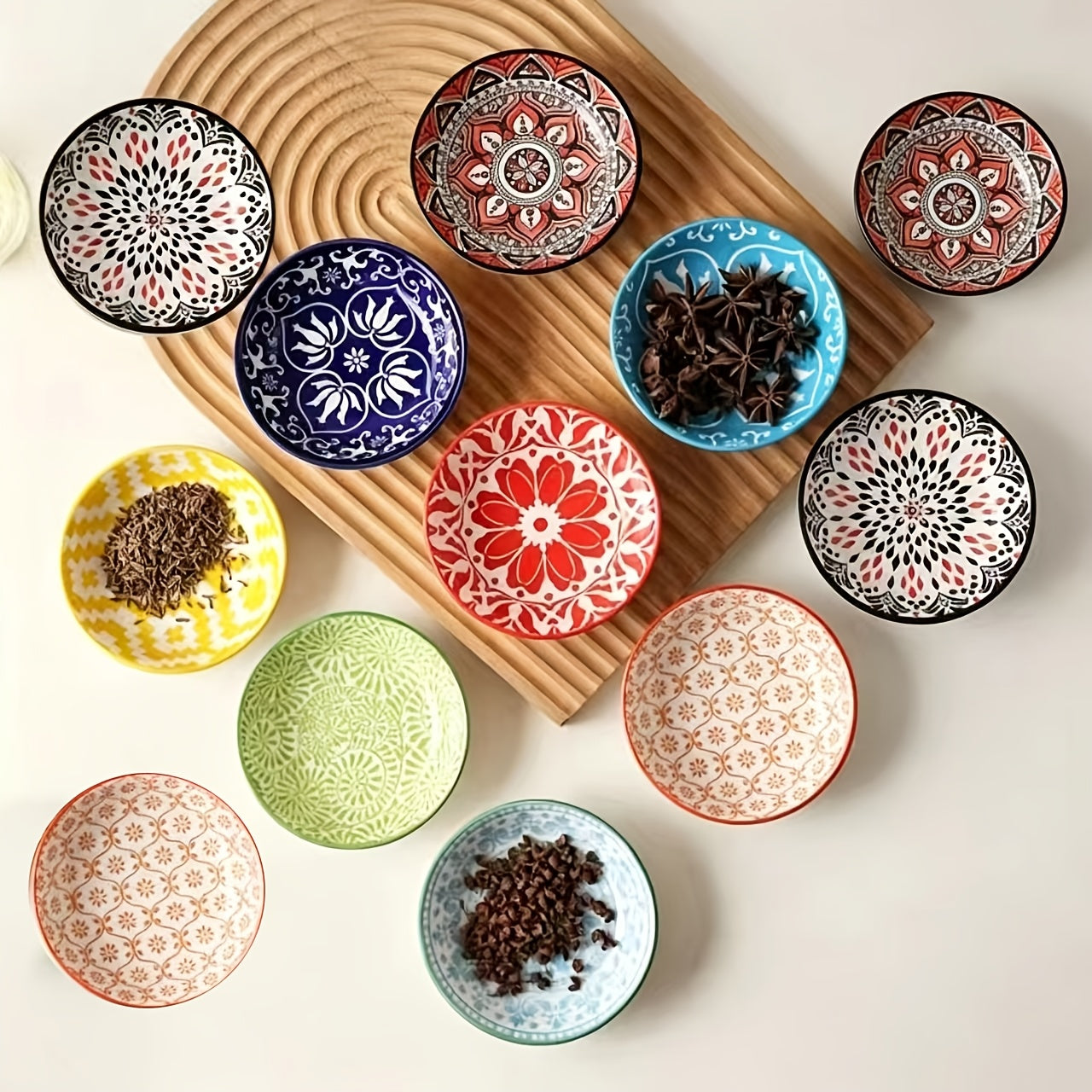 Dipping Sauce Dish Set 10/12 Piece Bohemian Ceramic for Home Cooking, Dining and Outdoor Meals