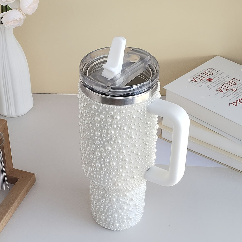 Insulated Tumbler 40oz Pearl Rhinestone Stainless Steel with Handle and Straw in White or Pink