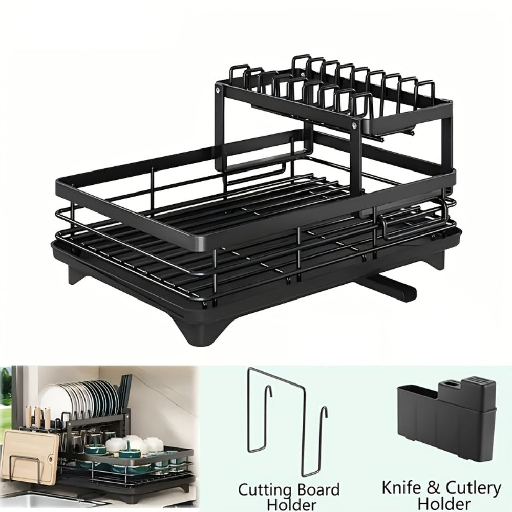 Two-Tier Dish Drying Rack Set with Metal Frame, Drainboard, Mat and Utensil and Cup Holders