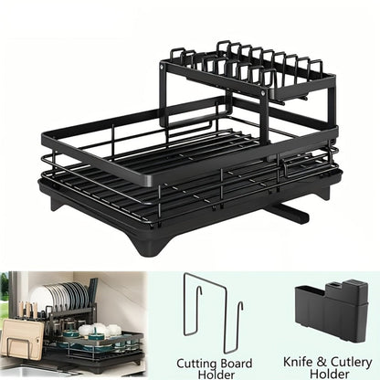 Two-Tier Dish Drying Rack Set with Metal Frame, Drainboard, Mat and Utensil and Cup Holders