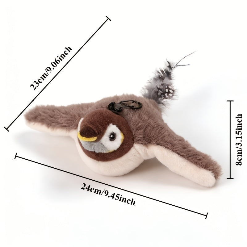 Flying Sparrow Cat Toy with Flapping Wings & Chirping Sound – USB Rechargeable Plush Bird Cat Toy, Touch-Start Interactive Feather Toy