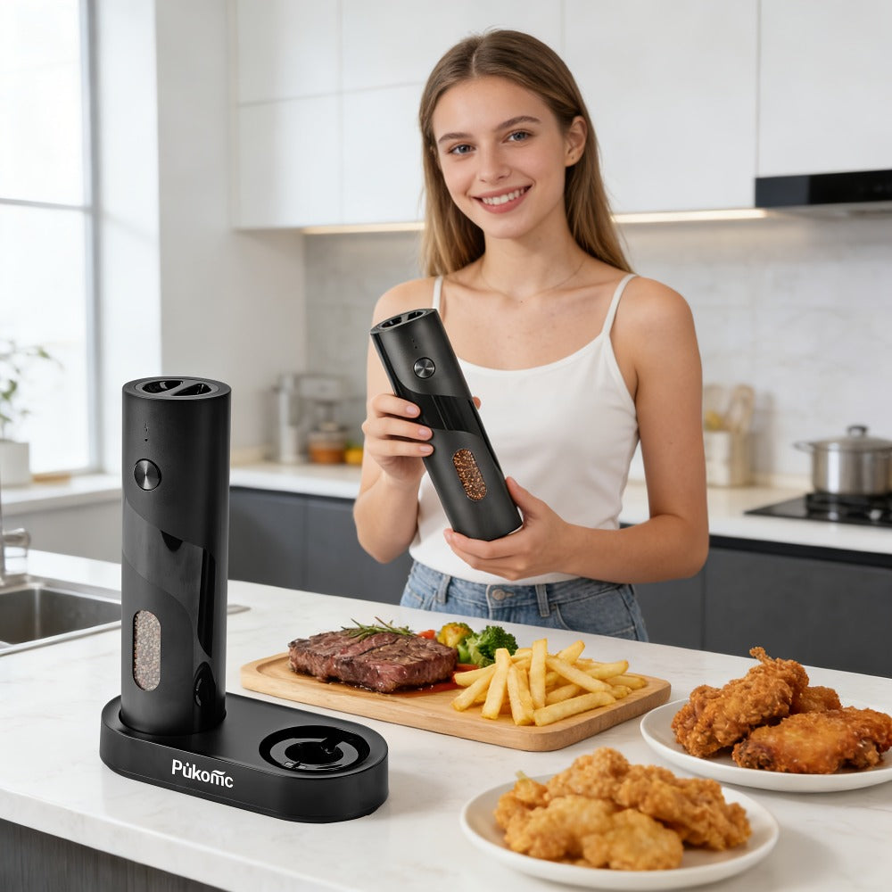 Electric Pepper Grinder Set of 2, Rechargeable with Charging Base, 6 Adjustable Coarseness Settings