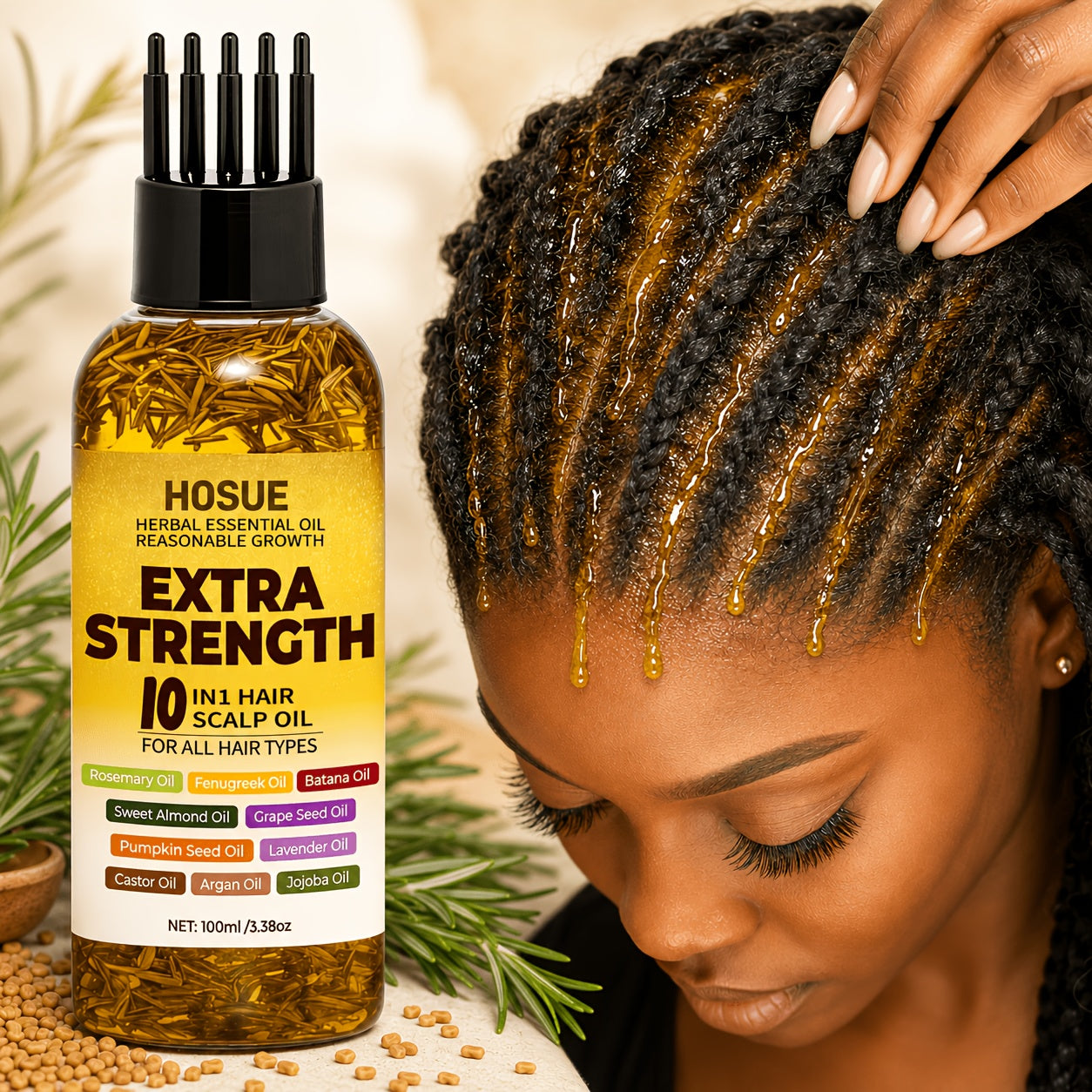 Hair Growth Oil 10-in-1 Botanical Herbal Blend Batana Rosemary Fenugreek Castor Red Onion Ginseng Turmeric Pumpkin Seed Nourishes