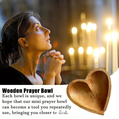 Wooden Prayer Bowl with 24 Prayer Cards – Hand-Carved Heart Shaped Cross Engraved Vintage Religious Gift Set for Easter, Christmas