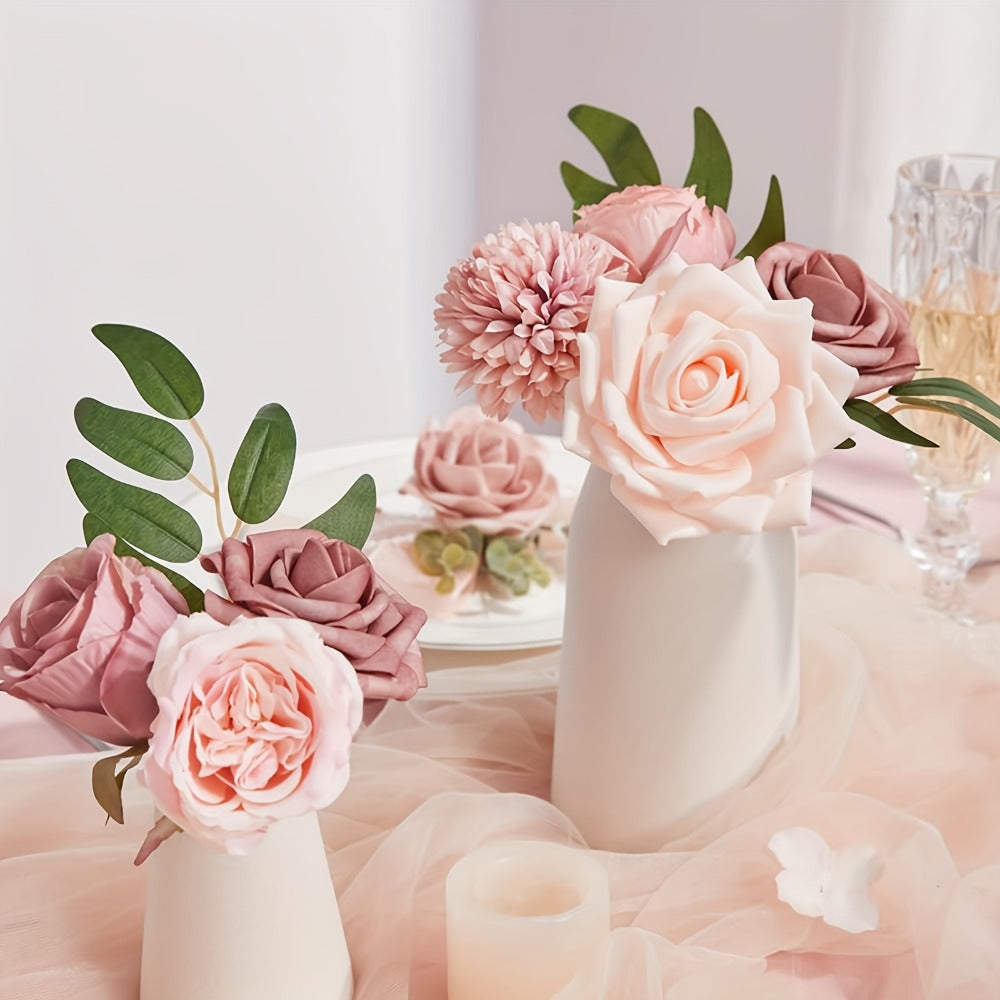 Pink Rose Dahlia Faux Flowers Box - Realistic PE Foam Artificial Flowers with Wire Stems for Entryways, Bedrooms and Living Spaces