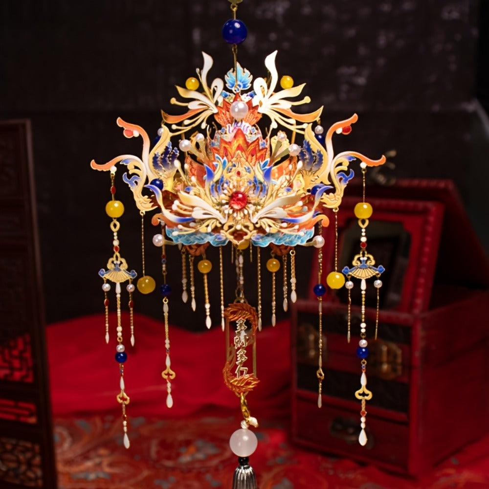 3D Metal Puzzle Phoenix Crown Qingluan – Blue & Gold DIY Assembly with Beads & Tassels, Chinese Mythology Art Collectible
