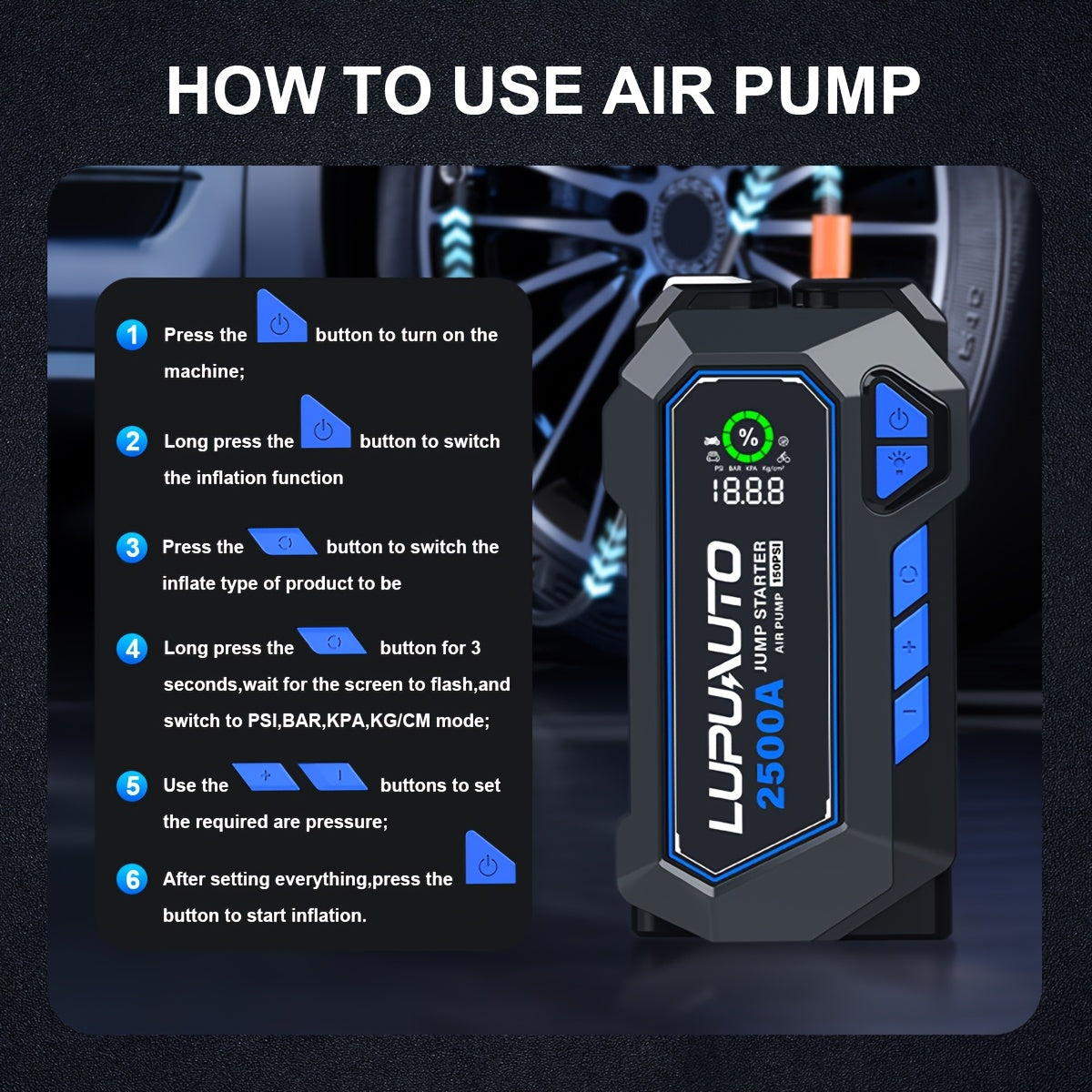 Tire Inflator with Jump Starter 150PSI Dual Cylinder 2X Faster 2500A 15000mAh Power Bank USB-C for Garden, Patio and Yard Use
