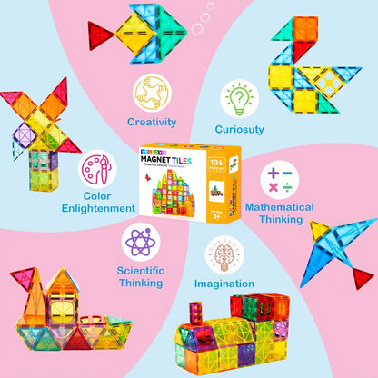 Magnetic Tiles Building Set for Kids 3 4 5 6 7 8 – 80 106 136 205pcs Clear 3D Magnet Building Blocks STEM Educational Toy Child-Safe ABS