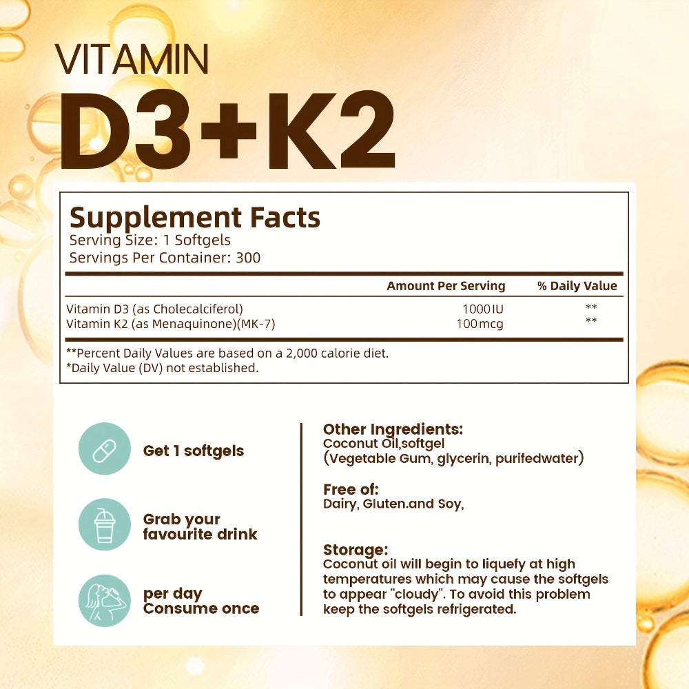 Vitamin D3 K2 Softgels with Coconut Oil, 2-in-1 Premium Bone, Heart & Immune Support Formula for Women & Men