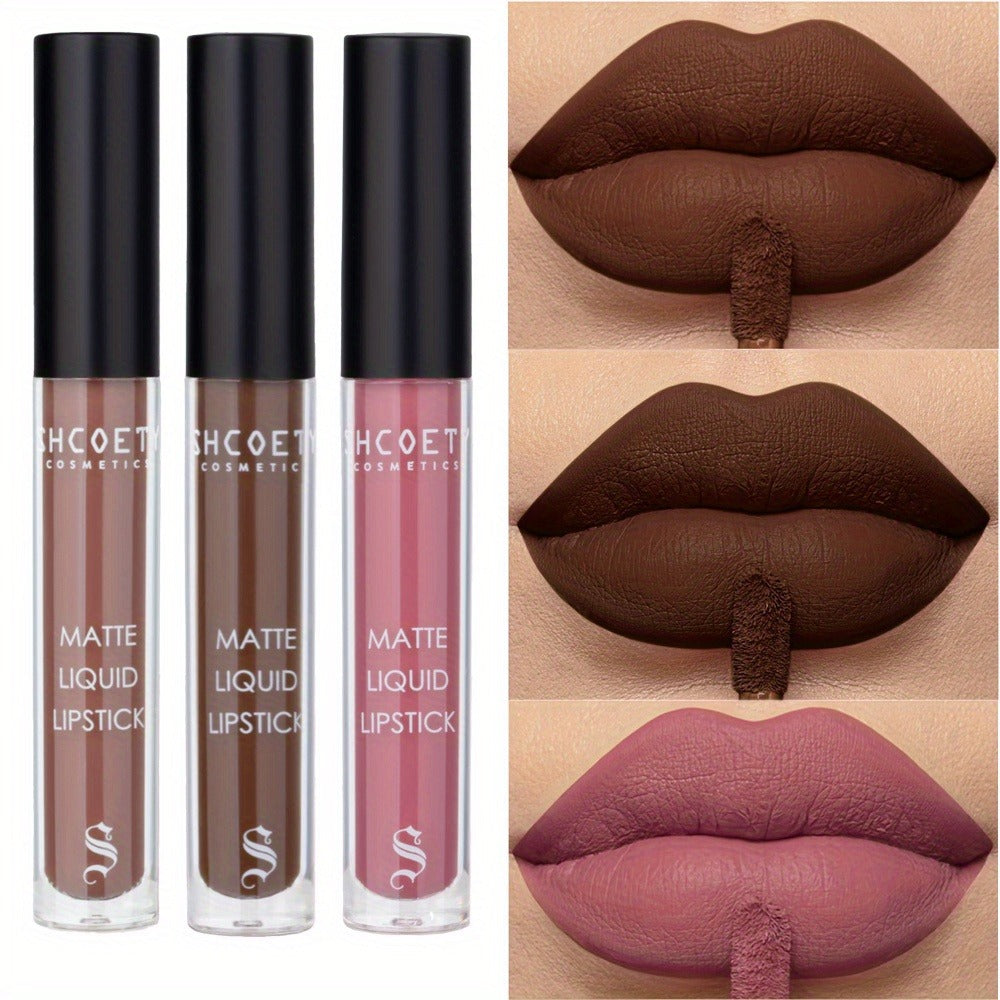 Bear Lip Glaze Set 3 Colors, Cute Bear Packaging Velvet Matte Waterproof Liquid Lipstick in Brown Pink & Red